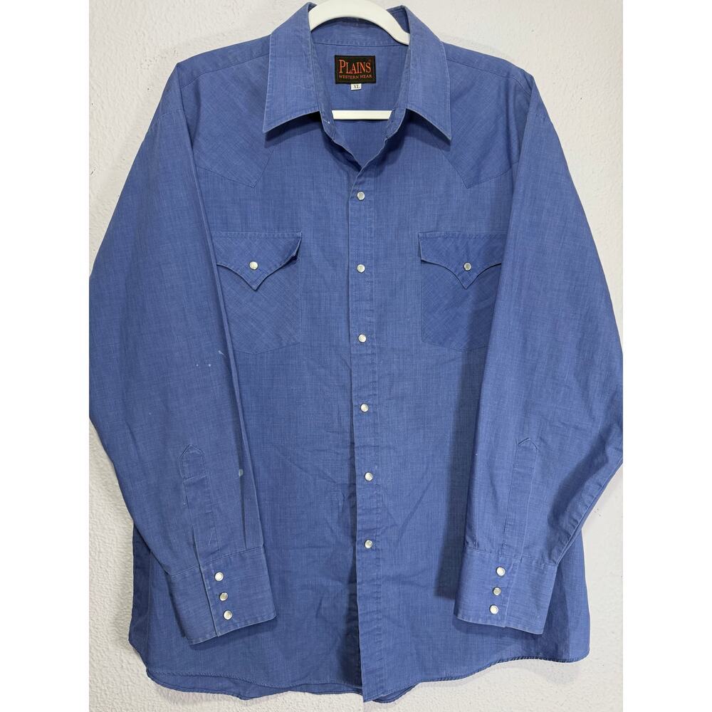 Vintage Plains Western‎ Pearl Snap Shirt XL Blue Cowboy Rockabilly Ranchwear
